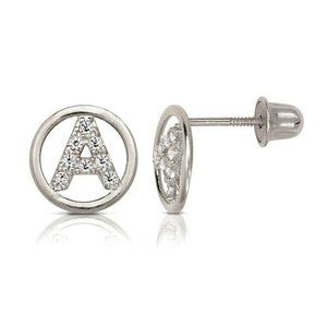 14K Solid White Gold 8mm Letter Initial Halo CZ Stud Alphabet Earrings
